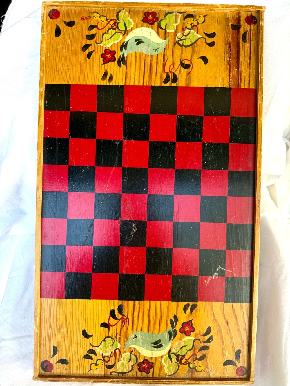 Vintage Handpainted Red and Black Wooden Checkerboard Game Set with bird motif